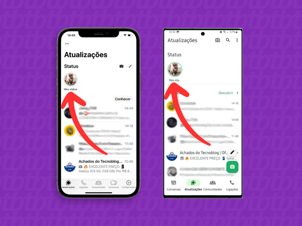 Capturas de tela do aplicativo WhatsApp no iPhone e no Android mostram como acessar o menu Meu Status