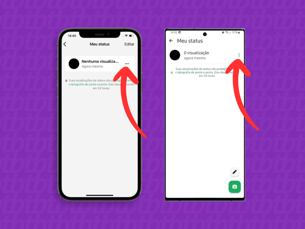 Capturas de tela do aplicativo WhatsApp no iPhone e no Android mostram como selecionar um status