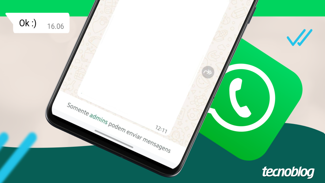 Ilustração mostra uma conversa em grupo do WhatsApp limitada para somente os administradores enviarem mensagem