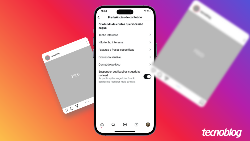 Ilustração mostra um celular exibindo a tela do Instagram no menu Preferência de conteúdo e o recurso Suspender publicações sugeridas no feed ativado