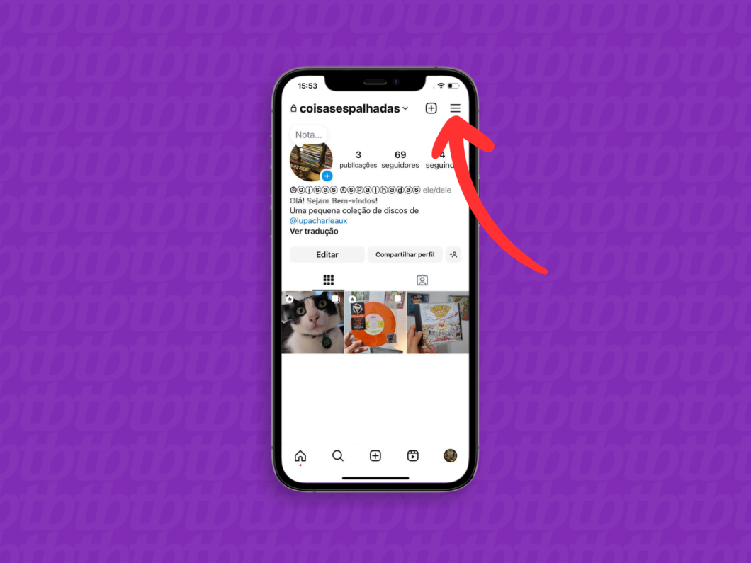 Captura de tela do aplicativo Instagram mostra como abrir o menu Configurações e atividade