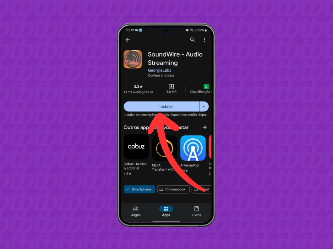 Captura de tela do aplicativo Play Store mostra como baixar o app SoundWire