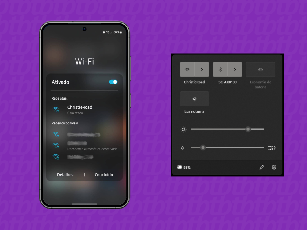 Capturas de telas da do Android e do Windows mostram que os dispositivos estão conectados a mesma rede Wi-Fi