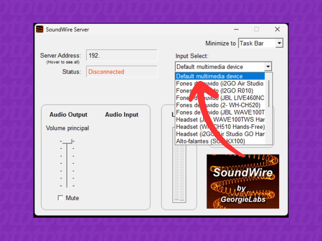 Captura de tela do aplicativo SoundWire Server no PC mostra como configurar a transmissão
