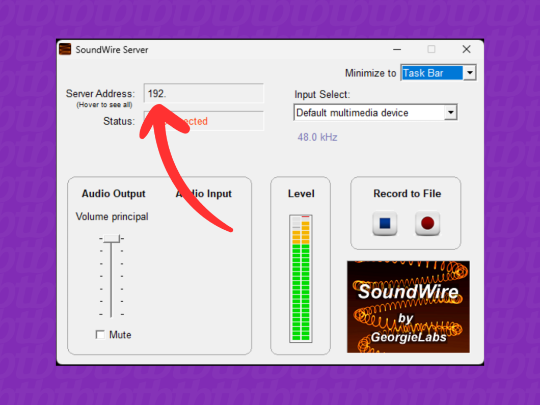 Captura de tela do aplicativo SoundWire Server no PC mostra como encontrar o Server Address