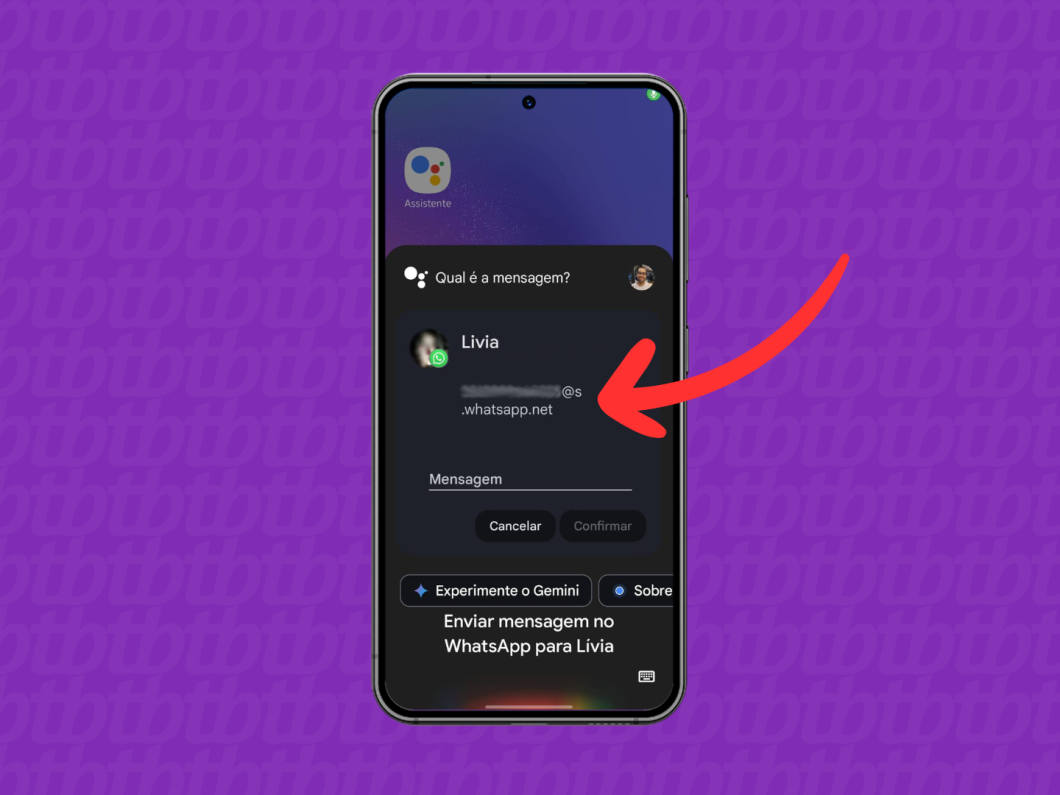 Captura de tela do Google Assistente mostra o assistente identificando o contato para enviar mensagem no WhatsApp