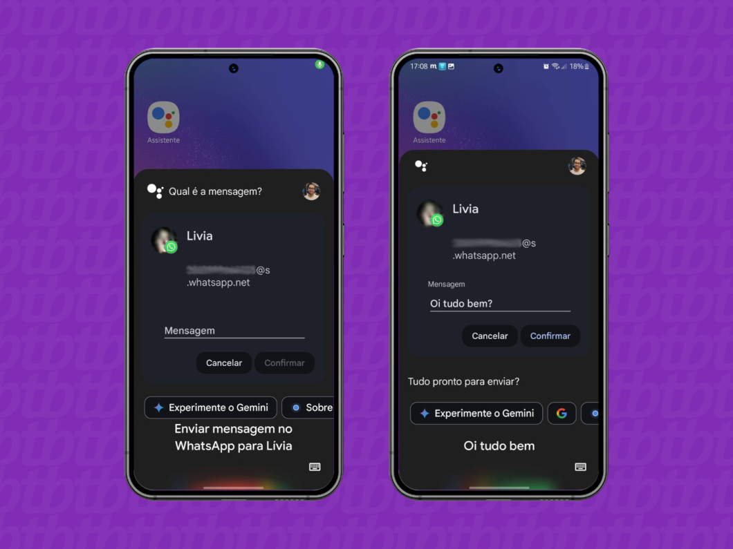 Capturas de tela do Google Assistente mostra o assistente transcrevendo a mensagem de áudio em texto para enviar no WhatsApp