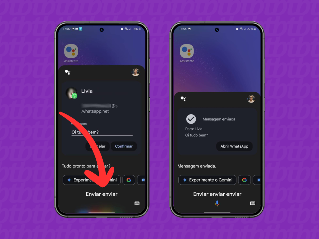 Capturas de tela do Google Assistente mostra o assistente enviando a mensagem no WhatsApp