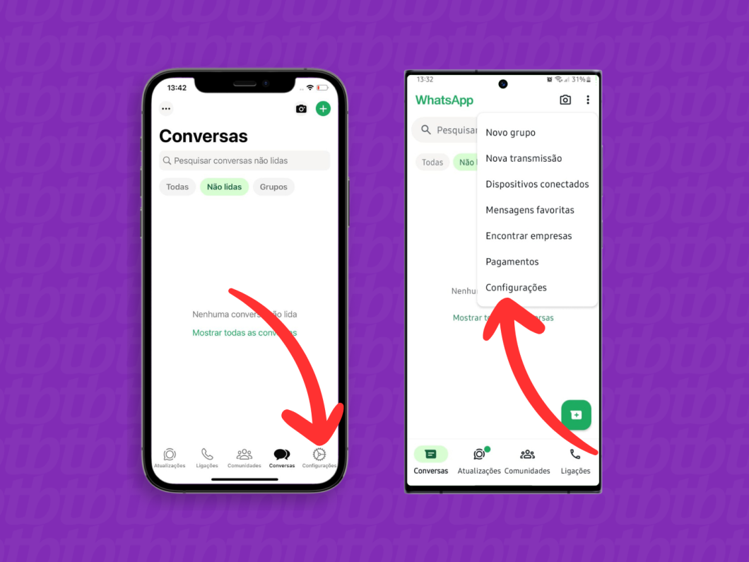 Capturas de tela do WhatsApp no iPhone e no Android mostram como acessar as configurações