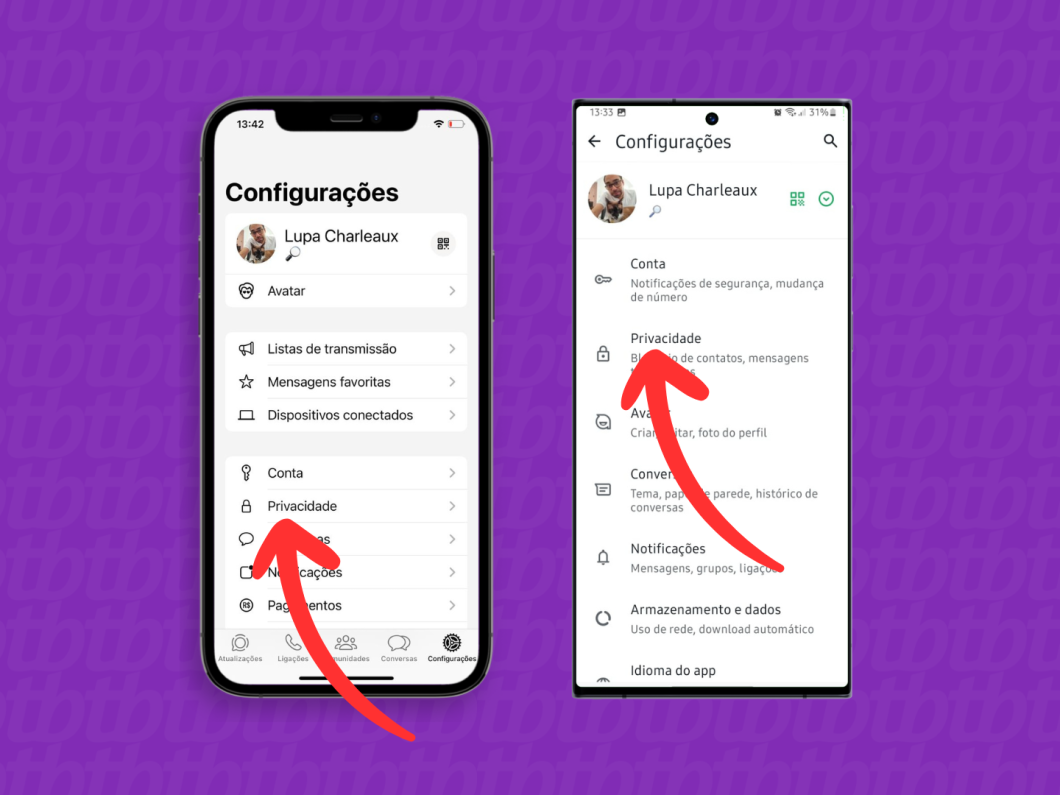 Capturas de tela do WhatsApp no iPhone e no Android mostram como acessar o menu "Privacidade"
