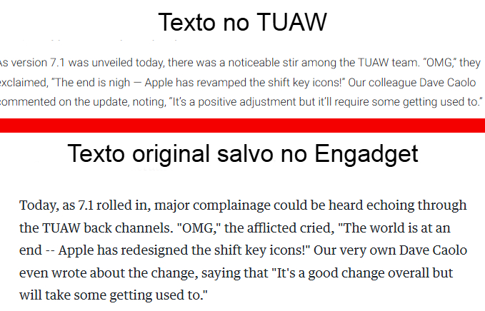 Comparativo entre texto reescrito no TUAW e arquivo do Engadget (Imagem: Reprodução/Tecnoblog)