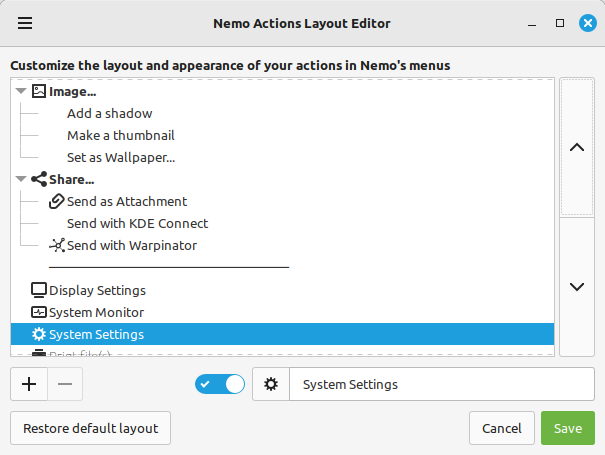 Editor de layouts do Nemo (imagem: divulgação/Linux Mint)