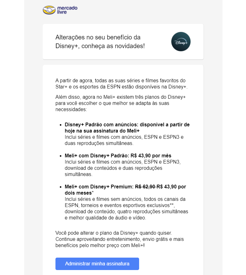 Email from Mercado Livre presenting Meli+ plans with Disney+