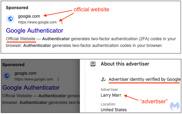 Prints mostram anúncio verificado com URL do Google. Nome do anunciante é Larry Marr.