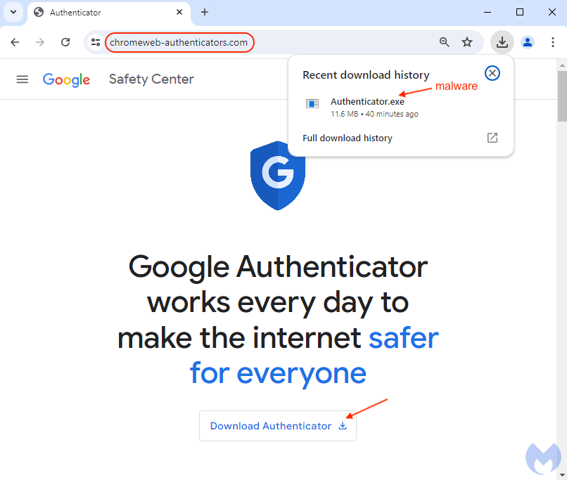 Página falsa do Google Authenticator, com botão de download. No canto da tela, um balão mostra o download finalizado.