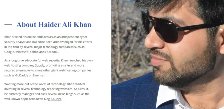 Haider Ali Khan era listado como dono do Web Orange no iLounge e, em seu site pessoal, destaca que seu trabalho foi reconhecido pelo Google, Microsoft, Yahoo e Facebook (Imagem: Reprodução/The Verge)
