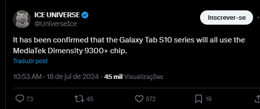Leaker afirma que Samsung usará Dimensity 9300+ em todos os tablets da linha Galaxy Tab S10 (Imagem: Reprodução/Tecnoblog)