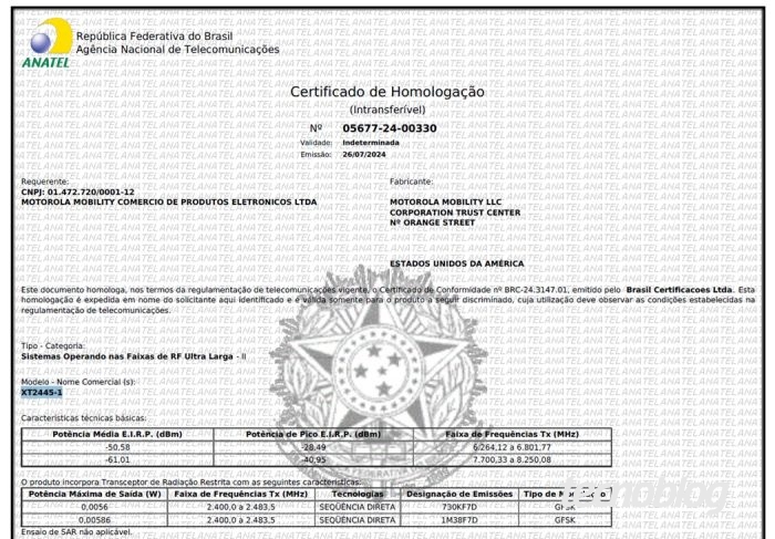 Certificado de homologação da Moto Tag na Anatel (imagem: Emerson Alecrim/Tecnoblog)