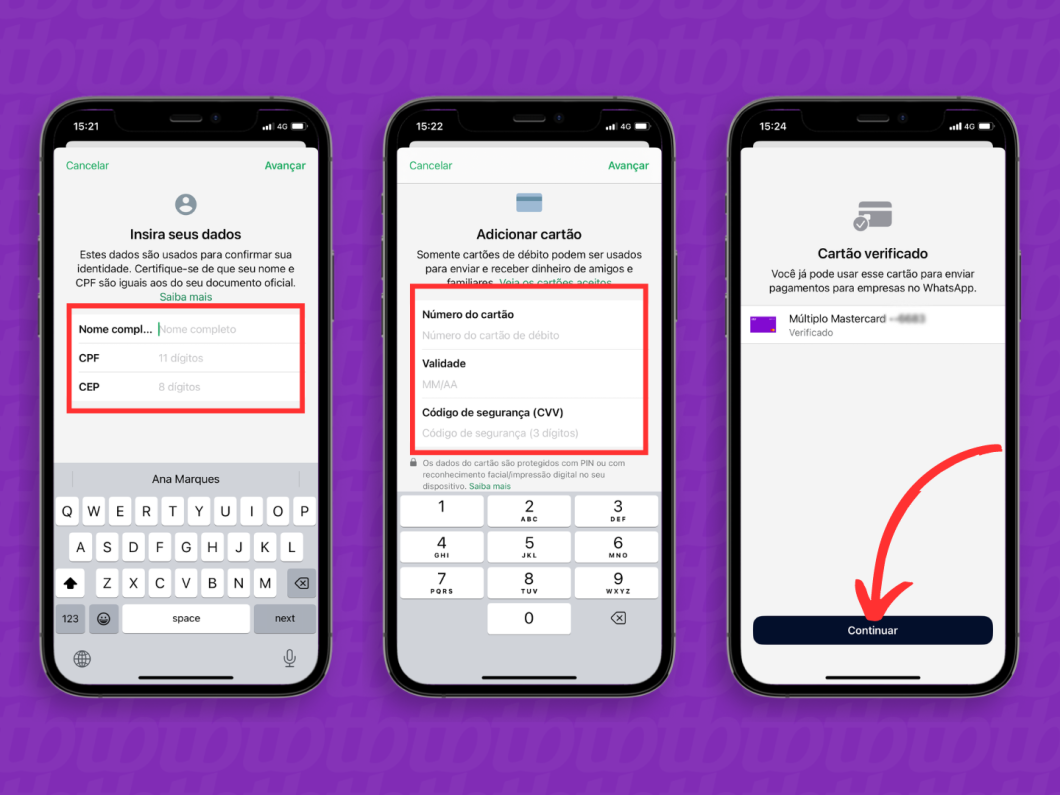 Captura de tela mostra configuração de método de pagamento no WhatsApp