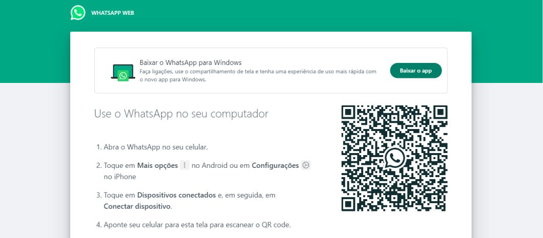 Captura de tela da página de login do WhatsApp Web, exibindo passo a passo para acessar o aplicativo no computador e QR Code de acesso.