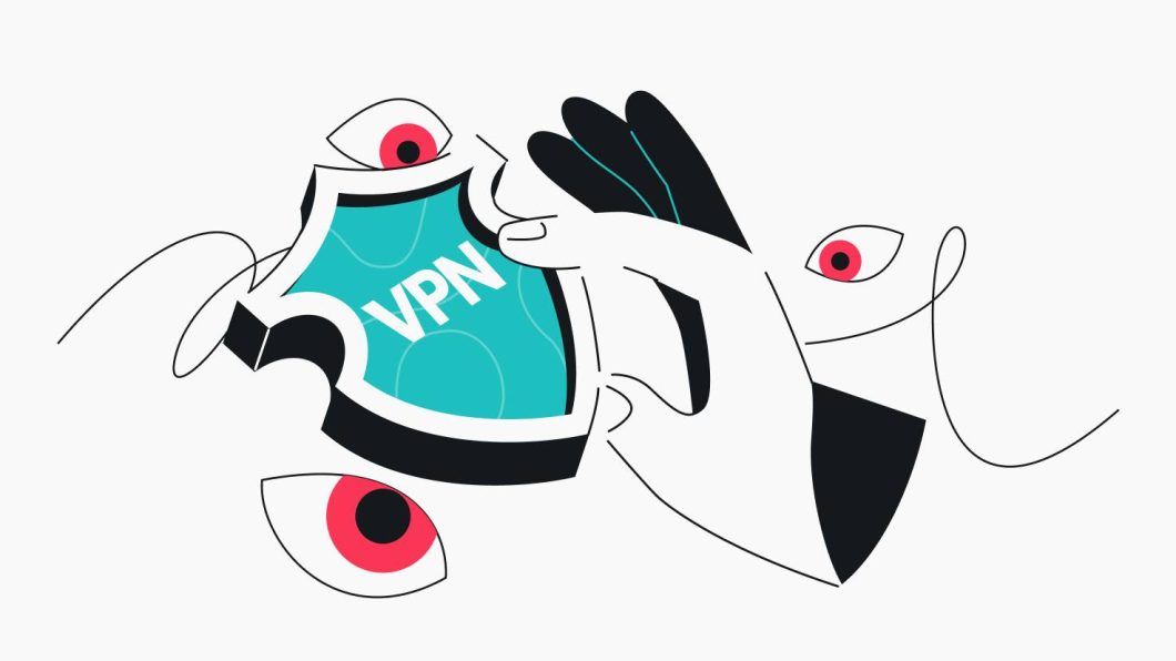 Ilustração mostra o desenho de um escudo com a palavra VPN protegendo de olhares
