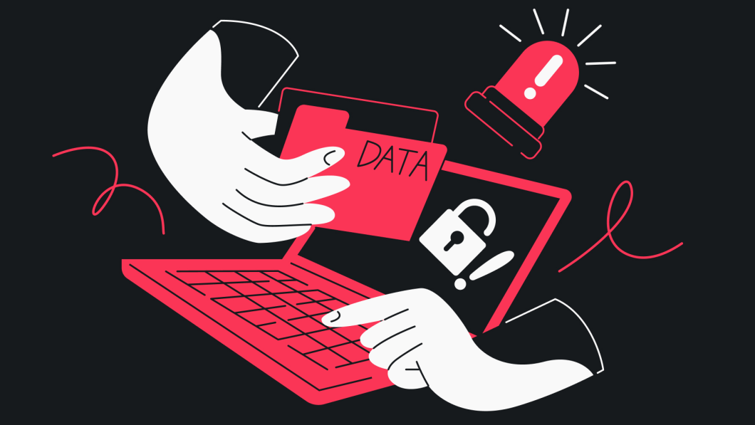 Ilustração mostra um computador em vermelho e mãos roubando uma pasta Data