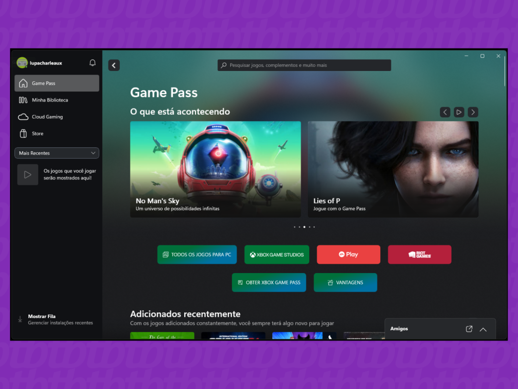 Captura de tela do aplicativo Xbox no PC mostra a página inicial do Game Pass
