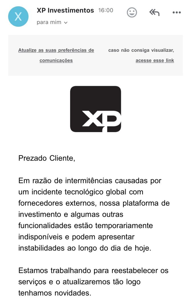 Print de email da XP avisando sobre instabilidades na plataforma