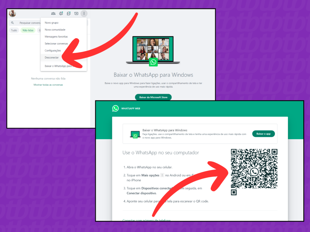 Capturas de tela do site WhatsApp Web mostram como desconectar e reconectar a conta