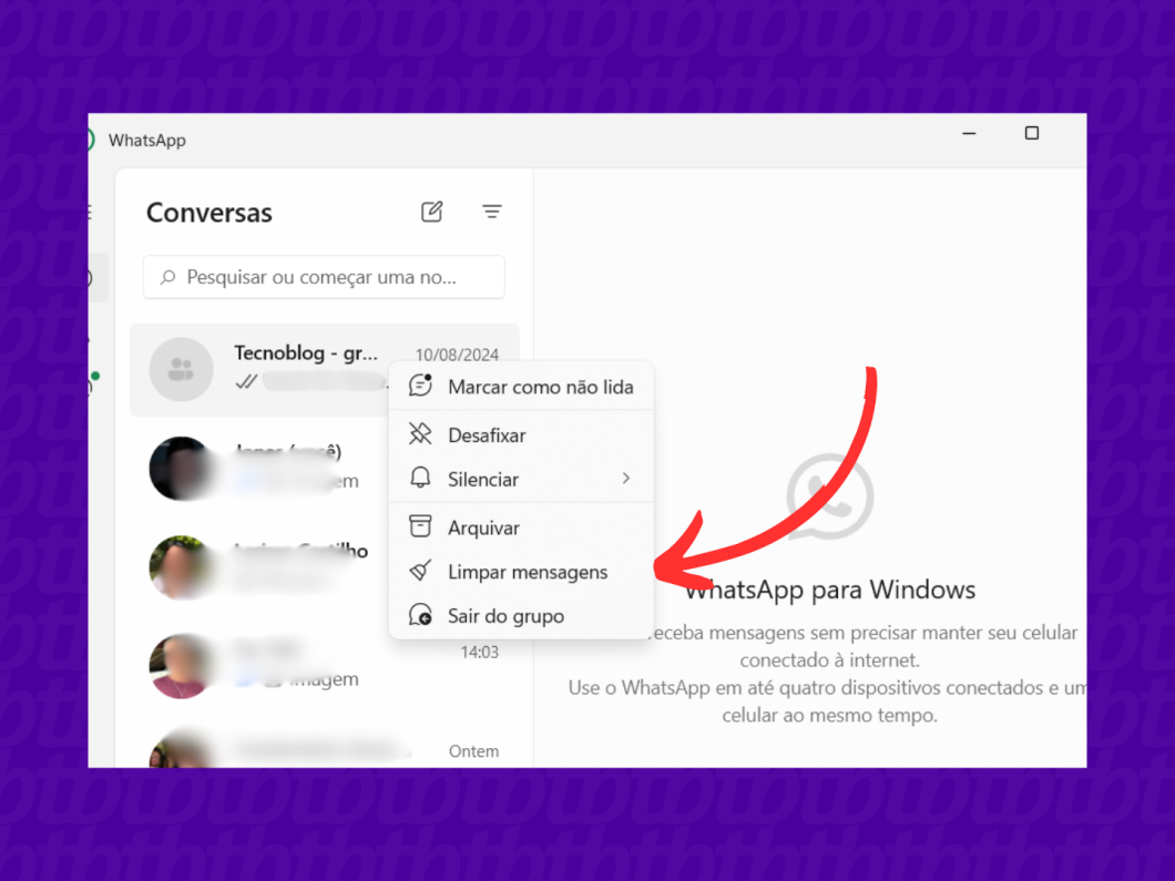 Como limpar conversas ou grupos no WhatsApp utilizando a versão para PC.