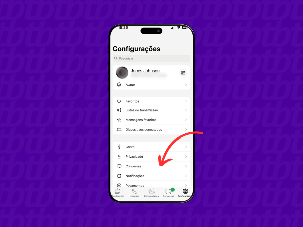 Acessando as configurações das conversas do WhatsApp para iOS.