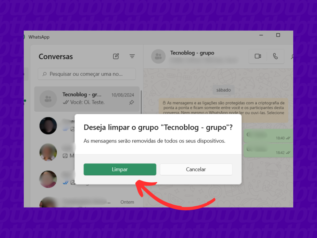 Botão de limpar conversas no WhatsApp para PC.