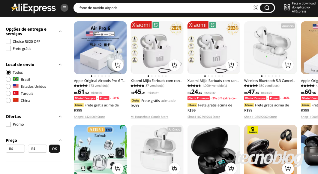 Captura de tela de loja online da AliExpress, exibindo fones de ouvido sem fio