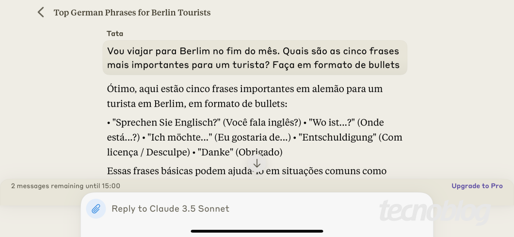 No futuro o Claude pode te ajudar a falar alemão dizendo a pronúncia das palavras (imagem: reprodução/Tecnoblog)