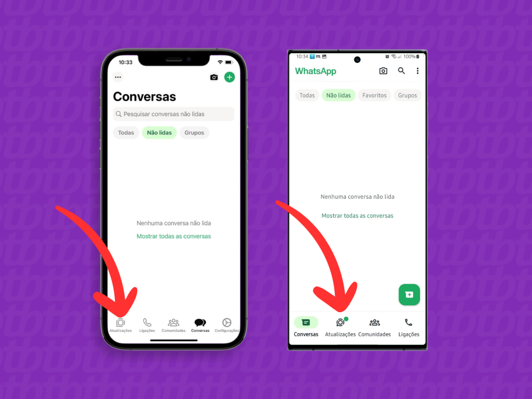 Capturas de tela do aplicativo WhatsApp no iPhone e no Android mostram como acessar a aba "Atualizações"