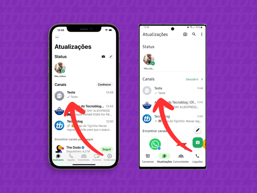 Capturas de tela do aplicativo WhatsApp no iPhone e no Android mostram como acessar o canal