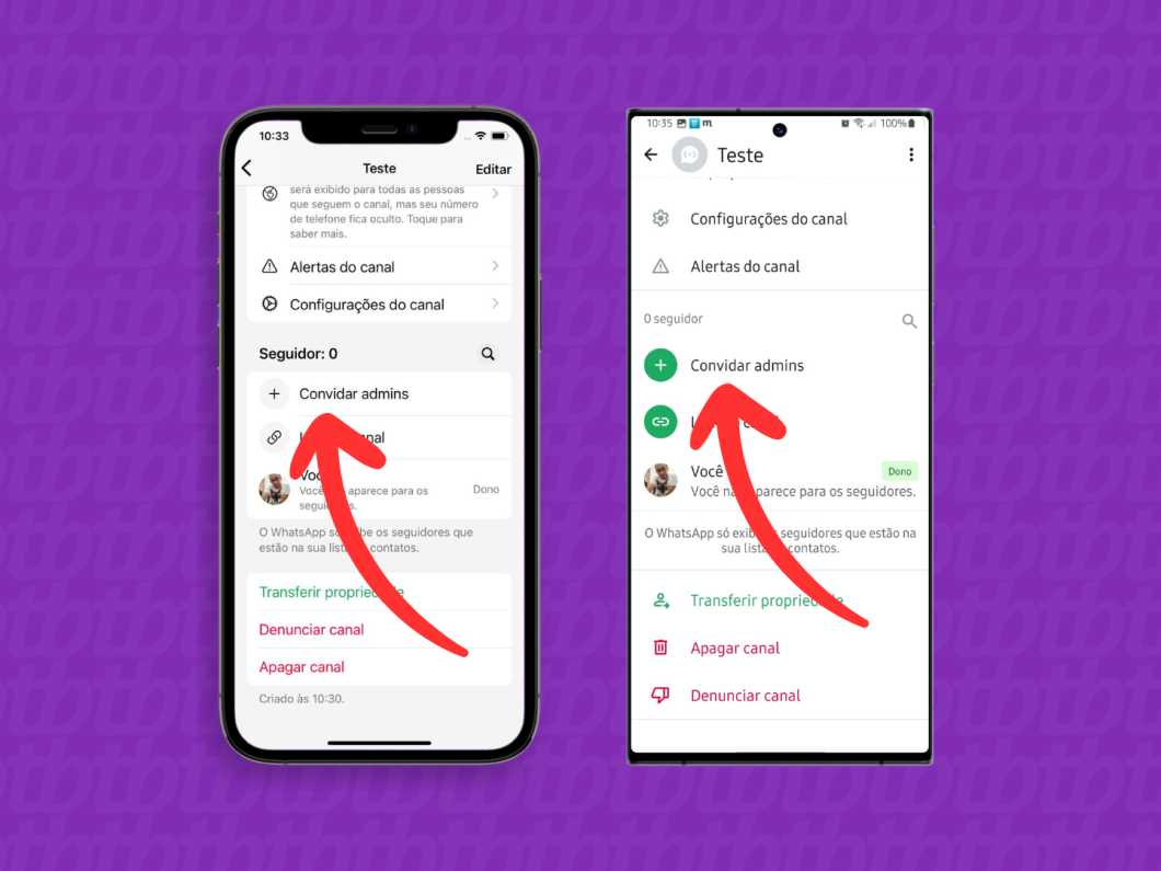 Capturas de tela do aplicativo WhatsApp no iPhone e no Android mostram como selecionar a opção Convidar Admins