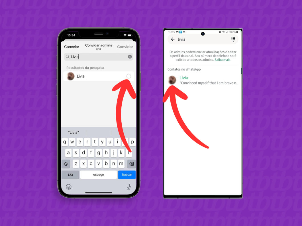 Capturas de tela do aplicativo WhatsApp no iPhone e no Android mostram como selecionar o contato para ser admim