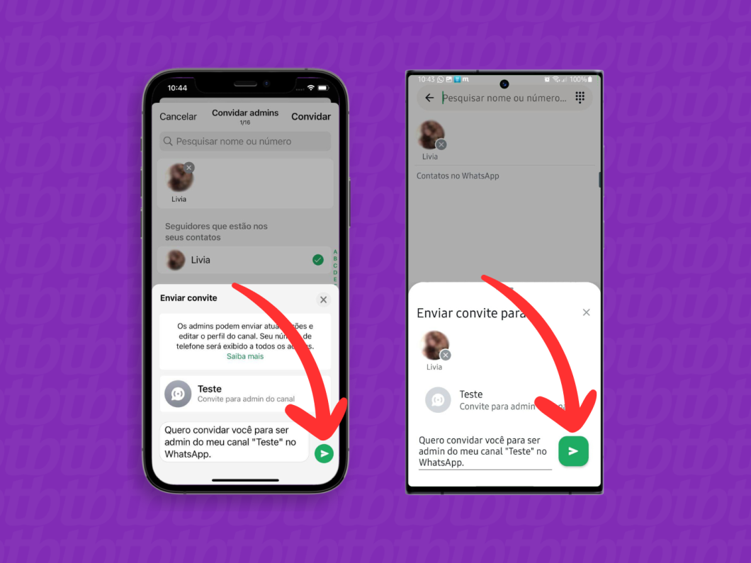 Capturas de tela do aplicativo WhatsApp no iPhone e no Android mostram como enviar o convite para ser admin para um contato