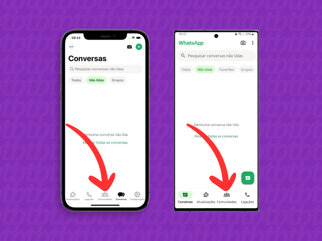 Capturas de tela do aplicativo WhatsApp no iPhone e Android mostram como acessar a aba Comunidades