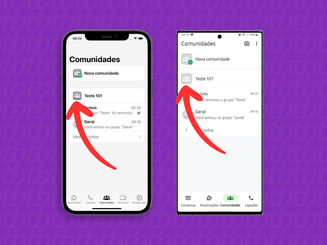 Capturas de tela do aplicativo WhatsApp no iPhone e Android mostram como acessar uma Comunidade