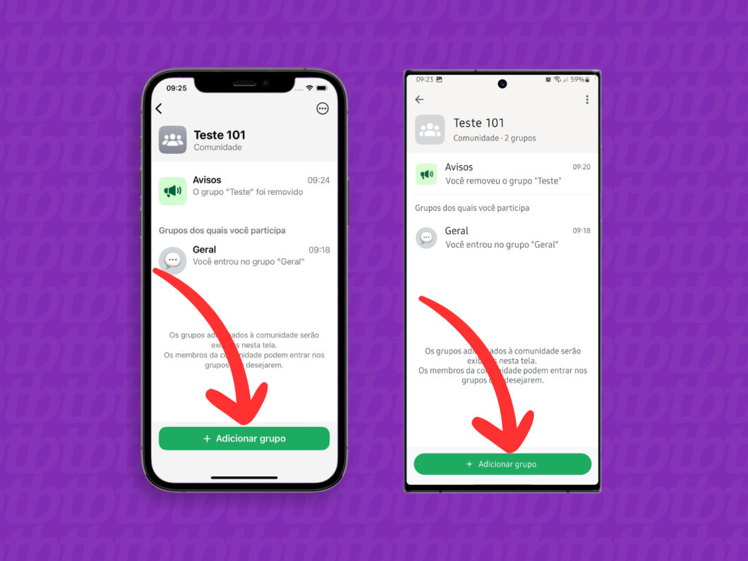 Capturas de tela do aplicativo WhatsApp no iPhone e Android mostram como usar a opção "Adicionar Grupo"