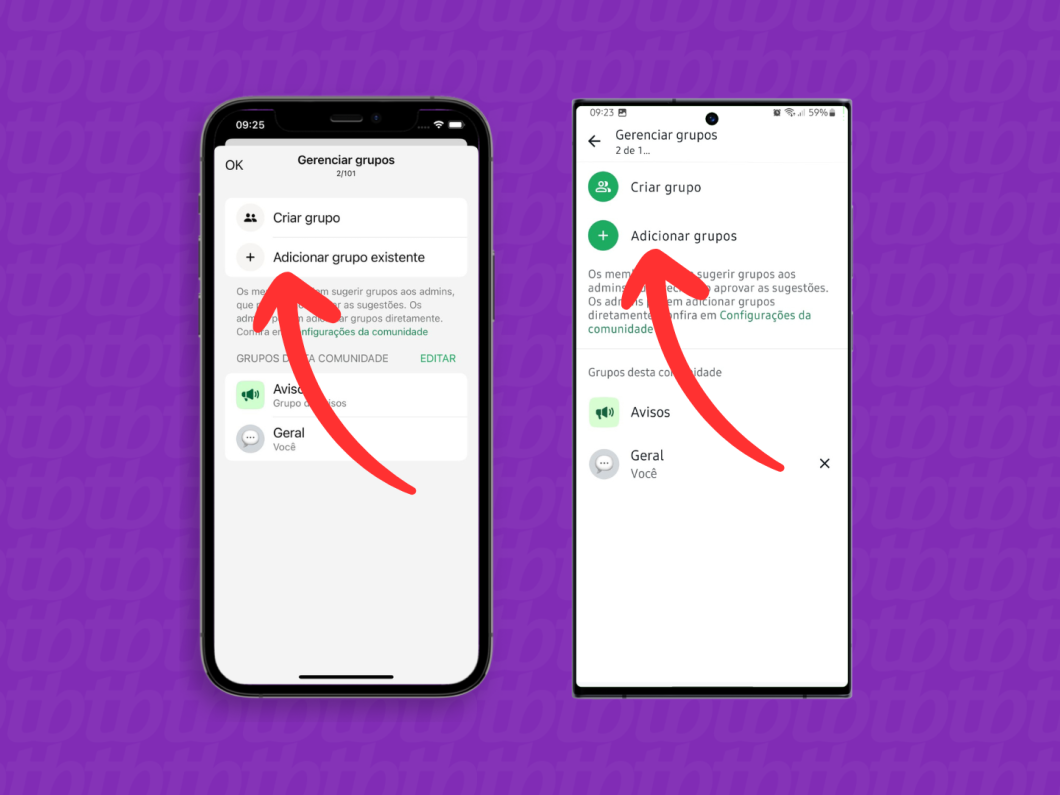 Capturas de tela do aplicativo WhatsApp no iPhone e Android mostram como usar a opção "Adicionar Grupos"