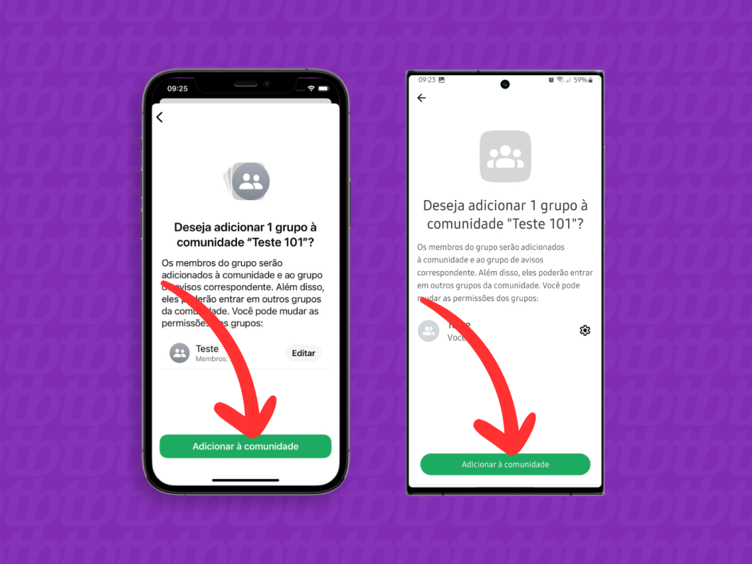 Capturas de tela do aplicativo WhatsApp no iPhone e Android mostram como concluir a adição do grupo a comunidade