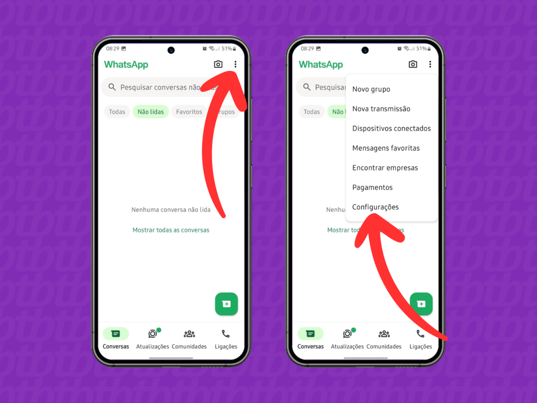 Capturas de tela do aplicativo WhatsApp no Android mostram como acessar as configurações