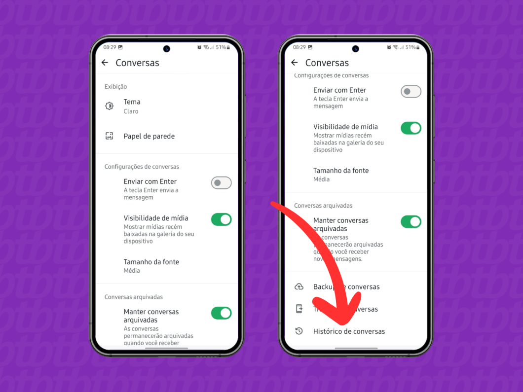 Capturas de tela do aplicativo WhatsApp no Android mostram como acessar o menu "Histórico de conversas"