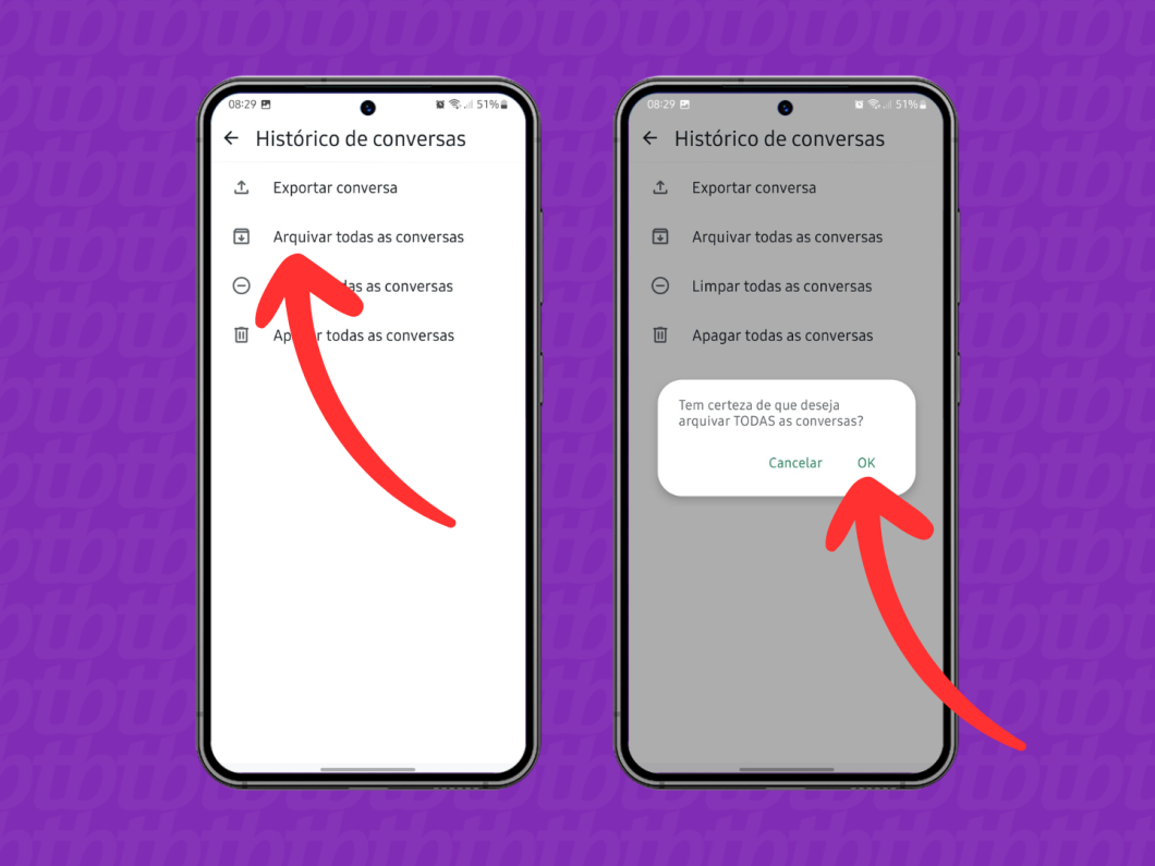 Capturas de tela do aplicativo WhatsApp no Android mostram como arquivar todas as conversas