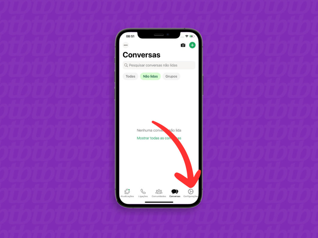 Captura de tela do aplicativo WhatsApp no iPhone mostra abrir as configurações