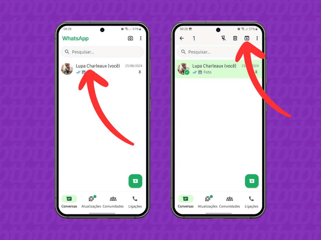 Capturas de tela do aplicativo WhatsApp no Android mostram como arquivar uma mensagem