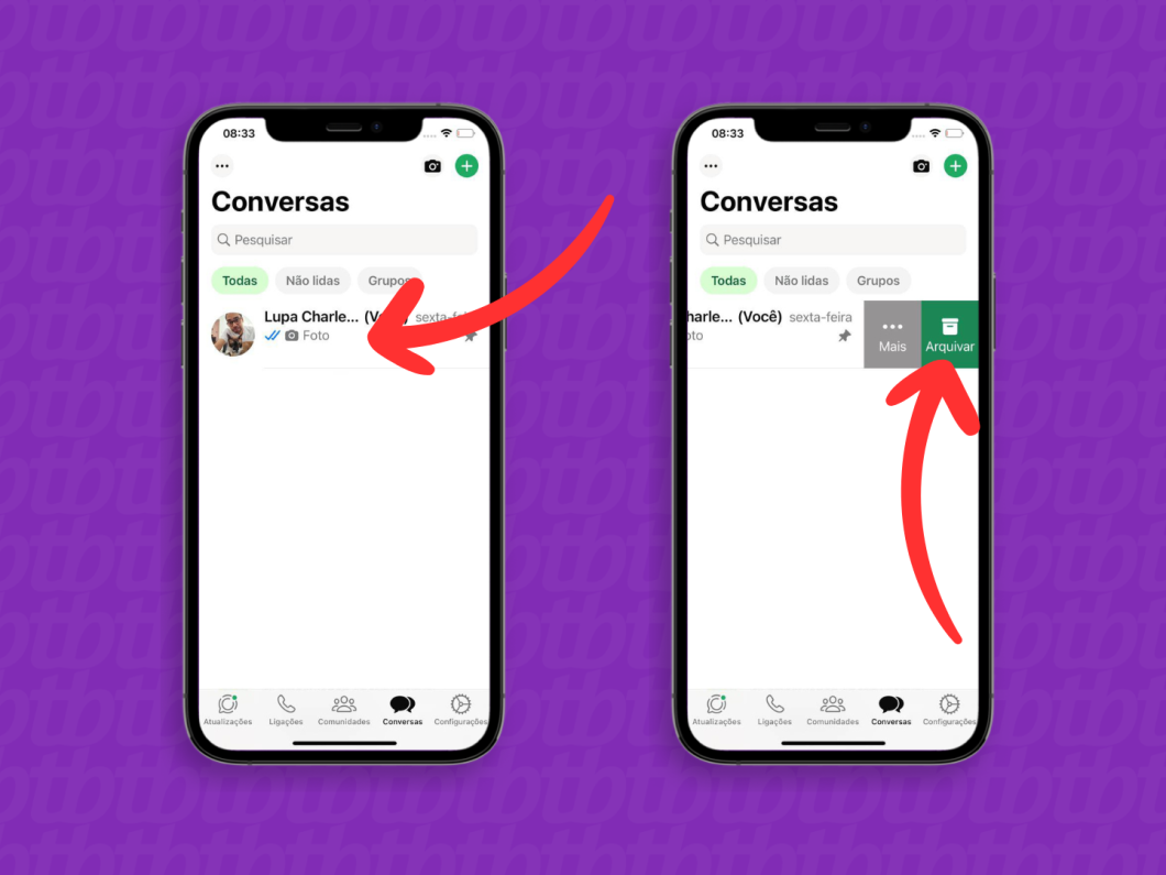 Capturas de tela do aplicativo WhatsApp no iPhone mostram como arquivar uma mensagem